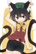 1girl armpits bare_arms bike_shorts chen commentary_request double-parted_bangs fang flat_chest navel nekomata red_vest ro_74 simple_background skin_fang solo touhou vest rating:s score:7 post #10174108