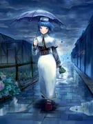 1girl acolyte_(ragnarok_online) bag blue_eyes blue_hair blue_theme blue_umbrella brown_shirt brown_shoes capelet commentary_request dated_commentary full_body handbag hat holding holding_bag long_skirt long_sleeves mary_janes outdoors overcast parted_lips path pillbox_hat puddle ragnarok_online rain shirt shoes short_hair skirt sky smile solo umbrella walking white_capelet white_hat white_skirt zema rating:g score:1 post #10175774