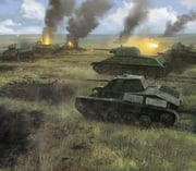 battle blue_sky broken cannon day edouard_groult firing grass grasslands highres horizon landscape military_vehicle motor_vehicle muzzle_flash no_humans original painterly scenery sky steppe t-34 t-70 tank world_war_ii rating:g score:2 post #10167498