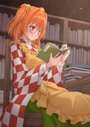 1girl absurdres apron bell blush book bookshelf character_name checkered_clothes checkered_kimono closed_mouth commentary_request commission eyelashes feet_out_of_frame forbidden_scrollery frilled_apron frills glasses green_hakama hair_bell hair_between_eyes hair_intakes hair_ornament hakama happy highres holding holding_book indoors japanese_clothes jingle_bell kimono long_sleeves medium_hair motoori_kosuzu open_book orange_hair ramie_(ramie541) reading red_eyes round_eyewear sitting skeb_commission smile solo split_mouth straight_hair touhou two_side_up wide_sleeves yellow-framed_eyewear yellow_apron rating:g score:12 post #10155998