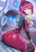 1girl ahoge ass blush bodysuit breasts commentary dated from_behind gundam gundam_seed gundam_seed_destiny highres lips looking_at_viewer looking_back lunamaria_hawke mecha_pilot_suit medium_breasts normal_suit_(gundam) okrdisk2000 pink_hair purple_eyes red_bodysuit red_hair shiny_clothes short_hair sitting skin_tight solo rating:s score:24 post #10169084
