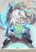 1girl @_@ absurdres ahoge blonde_hair blush brown_skirt capelet casting_spell commentary_request copyright_name crazy_smile feet_out_of_frame fewer_digits floating_hair g.b_(gimtaeg8089170) green_eyes green_shirt grey_background hair_over_one_eye highres horns korean_commentary long_hair looking_at_viewer magic makasha_(trickcal) open_mouth shirt single_horn skirt smile solo standing trickcal wind rating:g score:1 post #10177041