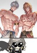 3boys abs antenna_hair arm_tattoo armlet black_choker blonde_hair blue_eyes blue_hair braid caelus_(honkai:_star_rail) chest_tattoo choker closed_mouth collarbone commentary crossed_arms english_commentary facial_tattoo gold_armlet grey_hair hair_between_eyes hands_on_own_hips haze_(ha_ze) highres honkai:_star_rail honkai_(series) jewelry male_focus medium_hair multiple_boys muscular muscular_male mydei_(honkai:_star_rail) navel necklace nipples pectorals phainon_(honkai:_star_rail) red_tattoo short_hair side_braid side_part smile tattoo topless_male trailblazer_(honkai:_star_rail) veins veiny_arms yaoi yellow_eyes rating:s score:1 post #10175441