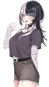 1girl alternate_costume belt black_belt black_choker black_hair breasts choker english_commentary grey_hair grey_shorts grey_sleeves highres hololive hololive_english large_breasts layered_sleeves long_hair long_sleeves multicolored_hair open_mouth purple_shirt shiori_novella shirt short_over_long_sleeves short_shorts short_sleeves shorts solo split-color_hair two-tone_hair virtual_youtuber w white_background yellow_eyes yotamono rating:g score:0 post #10175934