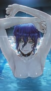 1girl armpits arms_up black_choker chainsaw_man choker closed_mouth commentary completely_nude green_eyes grenade_pin hair_between_eyes highres long_hair_between_eyes looking_at_viewer magion02 mixed-language_commentary nude partially_submerged pool purple_hair reze_(chainsaw_man) short_hair skinny_dipping smile solo wet wet_hair rating:q score:12 post #10173755