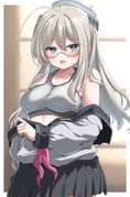 1girl ahoge aqua-framed_eyewear black_sailor_collar black_skirt blue_eyes bra breasts clothes_pull collarbone commentary_request day dixie_cup_hat embarrassed glasses grey_bra grey_hair hat heywood_l._edwards_(kancolle) highres indoors kantai_collection kasashi_(kasasi008) long_hair looking_at_viewer medium_breasts military_hat neckerchief pink_neckerchief sailor_collar school_uniform shirt_pull skirt sports_bra underwear window rating:s score:9 post #10137591