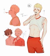 2boys amamiya_ren blonde_hair blush brown_eyes closed_eyes closed_mouth clothes_lift collar_tug commentary cropped_legs from_side glasses hand_in_pocket highres hot kamin_021 linea_alba looking_at_another looking_to_the_side male_focus male_underwear male_underwear_peek mouth_hold multiple_boys multiple_views navel open_mouth pants persona persona_5 red_pants red_shirt sakamoto_ryuuji shirt shirt_lift short_hair short_sleeves simple_background spoken_squiggle squiggle standing stomach sweat symbol-only_commentary translation_request underwear upper_body white_background white_shirt rating:s score:1 post #10132341