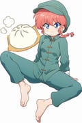 1girl barefoot blue_eyes braid braided_ponytail chinese_clothes commentary_request feet food hat highres looking_at_viewer mao_cap mao_jacket mao_suit odochi_(1or8) projected_inset ranma-chan ranma_1/2 red_hair single_braid sitting smile solo spread_legs steamed_bun toes rating:g score:18 post #8422503