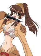 1girl 2000s_(style) bow bow_bra bra breasts brown_eyes brown_gloves brown_hair brown_headscarf brown_jacket brown_shorts cleavage closed_mouth commentary_request dagger gloves headscarf high_ponytail holding holding_dagger holding_knife holding_weapon jacket knife licking licking_blade licking_weapon long_hair long_sleeves looking_at_viewer medium_breasts midriff navel ponytail ragnarok_online red_bow shorts shrug_(clothing) simple_background smile solo thief_(ragnarok_online) tsukushi_kazuki underwear upper_body weapon white_bra rating:s score:1 post #10175780