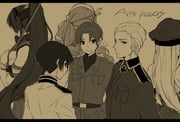 3boys 3girls ahoge axis_powers_hetalia back bad_id bad_pixiv_id bare_shoulders belt beret bismarck_(kancolle) border breast_pocket breasts closed_mouth collared_jacket collared_shirt cross crossover detached_sleeves english_text floating_hair flower from_behind from_side germany_(hetalia) hair_between_eyes hair_flower hair_ornament hat headband high_ponytail hita_(hitapita) iron_cross jacket japan_(hetalia) kantai_collection lapels large_breasts littorio_(kancolle) long_hair long_sleeves looking_at_viewer looking_back military_hat military_jacket military_uniform monochrome multiple_boys multiple_girls necktie northern_italy_(hetalia) open_mouth pocket ponytail shirt short_hair simple_background sleeveless sleeveless_shirt smile standing v-shaped_eyebrows wavy_hair yamato_(kancolle) rating:g score:10 post #9399064