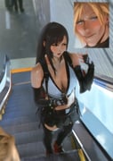 1boy 1girl accidental_exposure accidental_pervert black_eyes black_gloves black_hair black_skirt black_thighhighs blonde_hair blue_eyes breasts cleavage cloud_strife collarbone escalator fanning_self final_fantasy final_fantasy_vii final_fantasy_vii_remake fingerless_gloves from_above gloves hot large_breasts materia miniskirt open_mouth skirt solo_focus spykeee standing suspender_skirt suspenders thighhighs tifa_lockhart rating:s score:6 post #10171928