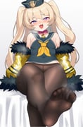 1girl :3 absurdres azur_lane bache_(azur_lane) black_hat black_shirt blonde_hair blush breasts collar commentary covered_navel covered_nipples crossed_legs fang feet foot_focus fur-trimmed_jacket fur_trim half-closed_eyes hat highres igarashi_gozo jacket looking_at_viewer mesugaki neckerchief no_shoes open_clothes open_jacket open_mouth pantyhose pink_collar purple_eyes sailor_hat shirt sitting sleeveless sleeveless_shirt small_breasts smell smug soles solo steaming_body sweat toes twintails yellow_jacket yellow_neckerchief rating:q score:40 post #9915500