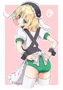 1girl adapted_costume animal_ears apron aqua_eyes arms_behind_back ass back_bow black_hairband black_wrist_cuffs blonde_hair blunt_bangs blush border bow buruma closed_mouth commentary_request cowboy_shot fake_animal_ears fleur_de_lapin_uniform floppy_ears frilled_apron frilled_hairband frilled_wrist_cuffs frills from_behind furrowed_brow gochuumon_wa_usagi_desu_ka? green_buruma gym_shirt gym_uniform hairband heart highres kirima_syaro lolita_hairband looking_at_viewer looking_back medium_hair outline outside_border pink_background rabbit_ears retumihari shirt short_sleeves simple_background solo thighhighs waist_apron wavy_mouth white_apron white_border white_bow white_outline white_shirt white_thighhighs wrist_cuffs rating:s score:7 post #10056903