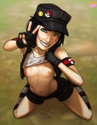 1girl abs absurdres after_fellatio armband armpits artist_name bad_id bad_pixiv_id badge bare_shoulders black_armband black_eyeliner black_gloves black_hair black_hat black_shorts black_socks black_vest blunt_bangs blurry blurry_background blush bob_cut breasts button_badge clothes_lift collarbone commentary commission cum cum_on_body cum_on_breasts cum_on_chest cum_on_clothes cum_on_stomach cum_puddle english_commentary eyeliner facial field_cap fingerless_gloves from_above full_body gloves grass grey_socks grin hand_up hat hat_ornament head_tilt highres initial kasia_mikolajczyk_(silverfox442) kneehighs kneeling lifting_own_clothes light_blush looking_at_viewer looking_up loose_hair_strand makeup midriff navel nipples nose on_ground original outdoors panties panty_peek parted_lips pikachu pink_panties poke_ball pokemon ponpu_(pumpkinsinclair) red_armband shirt shirt_lift short_hair short_shorts shorts sleeveless sleeveless_shirt small_breasts smile socks solo spread_legs striped_clothes striped_socks tank_top two-tone_armband underwear v vest white_tank_top wide_spread_legs rating:e score:11 post #10155755