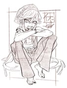 1girl barefoot belt bracelet crossed_arms flipped_bangs gachiakuta greyscale hat highres jewelry knees_up long_hair monochrome official_art riyo_reaper sidelocks simple_background sitting solo urana_kei very_long_hair rating:s score:0 post #10175376