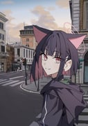 1girl absurdres animal_ears black_choker black_hair black_jacket blue_archive blue_sky building cat_ears cat_girl choker city closed_mouth cloud colored_inner_animal_ears colored_inner_hair crosswalk extra_ears gradient_sky hair_ornament halo highres hood hooded_jacket jacket kazusa_(blue_archive) looking_at_viewer looking_to_the_side multicolored_hair oil_sob pink_hair pink_halo red_eyes road short_hair sidewalk sky smile solo street sunrise traffic_light two-tone_hair urban yellow_sky rating:g score:9 post #10173142