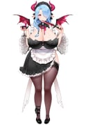 1girl absurdres animal_ears apron black_dress black_nails black_shoes blue_hair braid breasts bright_pupils cleavage closed_mouth cow_ears cow_girl cow_horns cow_tail cream_cod cup dress drinking_glass frilled_apron frilled_dress frills hair_over_one_eye hair_over_shoulder hair_tubes highres holding holding_cup holding_knife horns huge_breasts indie_virtual_youtuber knife long_hair maid maid_headdress miilkywayz mole mole_on_breast mole_under_mouth official_alternate_eye_color official_art pink_eyes pink_horns shoes single_hair_tube smile solo tachi-e tail thighhighs transparent_background virtual_youtuber white_apron wings rating:s score:3 post #10175316