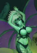 arms_up black_sclera breasts colored_sclera colored_skin commentary english_commentary genderswap genderswap_(mtf) green_eyes green_skin grin headdress highres lamia large_breasts looking_at_viewer midriff monster_girl navel official_alternate_color personification runescape scales scorpion_tail smile spoony_loony tail twitter_username wings zulrah_(runescape) rating:s score:1 post #10172815