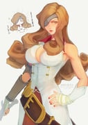1girl absurdres bare_shoulders beatrix_(ff9) belt blush breasts brown_eyes brown_hair brown_pants chibi chibi_inset cleavage closed_mouth curly_hair eyepatch final_fantasy final_fantasy_ix fingerless_gloves gloves hand_on_own_hip highres holding holding_sword holding_weapon large_breasts long_hair looking_at_viewer loose_belt messa_mo multiple_views nail_polish pants red_lips red_nails sword vest weapon white_background white_gloves white_vest rating:g score:4 post #10170832
