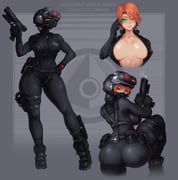 1girl absurdres ass black_bodysuit bodysuit breasts catsuit charlotte_graves_(madis259) commentary commission english_commentary gun halo_(series) handgun harness head-mounted_display highres holster huge_ass justrube large_breasts orange_hair original short_hair simple_background skin_tight smoke smoking_barrel solo thigh_holster unzipped weapon rating:s score:7 post #10175361