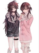 2girls :< :p akane047 animal_print ariake_(ooe) black_choker black_hair black_jacket black_shirt blush choker closed_mouth crepe earrings eyepatch fluffy_legwear food fur_trim genderswap genderswap_(mtf) grey_shorts gyaru hair_ornament hair_over_one_eye highres himekaji holding holding_crepe holding_food jacket jewelry leg_warmers leg_wrap leopard_print long_hair long_sleeves looking_at_another messy_hair multiple_girls ooe_(game) pink_jacket red_eyes ring rokku_gyaru shinbashi_(ooe) shirt short_shorts shorts simple_background socks standing thigh_strap thighhighs tongue tongue_out turtleneck very_long_hair white_background rating:g score:1 post #10176540