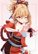 1girl arm_tattoo bandaged_arm bandages blonde_hair breasts chest_sarashi chest_tattoo choker cowboy_shot eyeliner genshin_impact hadanugi_dousa hair_between_eyes hair_ornament heart heart_hands highres japanese_clothes kimono kinchaku looking_at_viewer makeup medium_breasts menchi-men obi one_eye_closed orange_eyes orange_kimono ponytail pouch red_eyeliner red_rope rope sarashi sash single_bare_shoulder smile solo tattoo vision_(genshin_impact) yoimiya_(genshin_impact) rating:s score:19 post #10116439