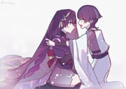 1boy 1girl absurdres artist_name blush braid bridal_gauntlets c520gpss chinese_commentary chinese_text closed_eyes closed_mouth feather_necklace from_side genshin_impact grey_background hair_between_eyes hair_ornament hand_on_another's_arm hand_on_another's_cheek hand_on_another's_face happy highres japanese_clothes jewelry kneeling leaning_forward light_particles lofter_username long_braid looking_at_viewer mole mole_under_eye mother_and_son multicolored_hair necklace official_alternate_costume open_mouth purple_eyes purple_hair purple_nails purple_veil raiden_shogun scaramouche_(genshin_impact) scaramouche_(kabukimono)_(genshin_impact) seiza shade short_hair short_sleeves single_braid sitting speech_bubble streaked_hair teeth upper_teeth_only veil wide_sleeves rating:g score:3 post #10175303