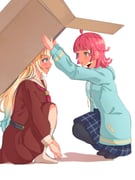 2girls absurdres ahoge black_pantyhose blonde_hair blue_hair blue_jacket blue_skirt blunt_bangs box brown_dress commentary_request dress eye_contact full_body gradient_hair hasu_no_sora_school_uniform highres holding holding_box hood hood_down in-franchise_crossover jacket kishimen_hair knees_up link!_like!_love_live! long_hair long_sleeves looking_at_another love_live! love_live!_nijigasaki_high_school_idol_club medium_dress medium_skirt multicolored_hair multiple_girls neckerchief nijigasaki_school_uniform no_shoes open_box open_clothes open_jacket osawa_rurino pantyhose parted_lips partial_commentary pink_hair pleated_dress pleated_skirt profile red_neckerchief sailor_collar sailor_dress school_uniform simple_background sitting skirt socks squatting summer_uniform sweatdrop tennoji_rina very_long_hair virtual_youtuber white_background white_sailor_collar white_socks winter_uniform yellow_eyes zaurusu_dan rating:g score:2 post #10171985