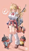 1girl 3others ahoge alternate_breast_size_(larger) arm_belt artist_logo bag baseball_bat black_helmet blank_eyes blonde_hair blue_skirt blush boar breasts brown_shoes chain chest_bow closed_mouth clothes_around_waist colored_skin combat_helmet commentary_request drill_hair drill_sidelocks ear_piercing gold_chain hair_between_eyes hair_ornament hairpin helmet highres leg_warmers logo looking_at_viewer luciana_de_montefio lucy's_crew_(zenless_zone_zero) metal_baseball_bat multiple_others musical_note orange_eyes pickelhaube piercing pinjirooo pink_background ponytail red_skin school_bag shadow shirt shoes shoulder_bag sidelocks skirt smile spoken_musical_note standing tears thigh_strap white_leg_warmers white_shirt zenless_zone_zero rating:s score:27 post #10144292