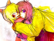 1boy 1girl :o animal_ears blonde_hair blush brown_hair cat_ears dress dutch_angle highres hug kakuyasu looking_at_viewer oversized_clothes oversized_shirt purple_eyes red_dress red_scarf sakutarou_(umineko) scarf shirt sketch smile umineko_no_naku_koro_ni ushiromiya_maria rating:g score:2 post #10173958