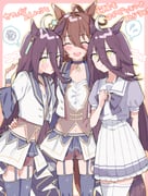 3girls ^_^ agnes_tachyon_(umamusume) ahoge animal_ears black_hair blue_thighhighs blush blush_stickers brown_hair choker clone closed_eyes collared_shirt cropped_jacket earrings facing_viewer garter_straps hair_between_eyes hand_on_another's_hip hand_on_another's_waist hand_up highres horse_ears horse_girl horse_tail jacket jewelry long_sleeves looking_at_another looking_at_viewer looking_down manhattan_cafe_(umamusume) multicolored_hair multiple_girls navel nochatea official_alternate_costume overskirt pleated_skirt puffy_short_sleeves puffy_sleeves red_shorts school_uniform shirt short_sleeves shorts single_earring skirt skirt_hold speech_bubble standing starting_future_(umamusume) streaked_hair sweatdrop tail thighhighs thought_bubble tracen_school_uniform translation_request umamusume vest white_jacket white_shirt white_skirt white_thighhighs wristband yellow_eyes yuri rating:g score:1 post #10176747