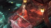 1girl against_the_flame_(shining_nikki) black_hair boat brown_eyes chinese_clothes chinese_commentary commentary_request crown earrings expressionless eyelashes fireflies floral_print forehead_jewel frilled_hanfu full_body gem gold_crown gold_necklace hair_bun hair_ornament hairpin half_updo hanfu highres holding holding_sword holding_weapon jewelry kneeling lantern light_particles lipstick long_hair long_sleeves makeup multiple_hairpins necklace night nikki_(series) ocean outdoors pink_hanfu red_gemstone red_lips red_robe ripples robe sasora shining_nikki single_hair_bun solo sword thick_eyebrows very_long_hair watercraft watermark weapon wide_sleeves rating:g score:0 post #10171979