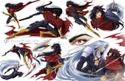 2boys absurdres armored_boots artist_name black_coat black_gloves black_hair black_pants boots cape chest_strap cloak coat duel english_commentary fighting_stance final_fantasy final_fantasy_vii final_fantasy_vii_rebirth final_fantasy_vii_remake gauntlets gloves green_eyes grey_hair headband highres holding holding_sword holding_weapon long_hair looking_at_another male_focus masamune_(ff7) multiple_boys multiple_views pants phantomyre red_cape red_cloak red_eyes red_headband sephiroth signature single_gauntlet sword vincent_valentine weapon white_background rating:g score:3 post #10144796