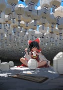 1girl absurdres ascot bow brown_eyes brown_hair calligraphy_brush detached_sleeves frilled_bow frilled_hair_tubes frills hair_bow hair_tubes hakurei_reimu highres holding holding_calligraphy_brush holding_paintbrush koukouya lantern nontraditional_miko ofuda open_mouth paintbrush paper_lantern red_bow red_skirt ribbon ribbon-trimmed_sleeves ribbon_trim shirt short_hair sitting skirt skirt_set solo touhou yellow_ascot yin_yang rating:g score:14 post #10156996