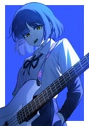 1girl absurdres black_ribbon black_shirt black_skirt blue_background blue_hair blue_theme bocchi_the_rock! border collared_shirt cowboy_shot fingerless_gloves from_below gloves guitar hand_in_pocket highres instrument layered_sleeves leaf_in_mouth long_sleeves looking_at_viewer looking_down mole mole_under_eye moving_gun neck_ribbon outside_border parted_bangs pleated_skirt ribbon school_uniform shimokitazawa_high_school_uniform shirt shirt_tucked_in short_hair short_over_long_sleeves short_sleeves simple_background skirt solo standing undershirt white_border white_shirt wing_collar yamada_ryo yellow_eyes rating:g score:2 post #10175209