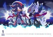 2023 2boys absurdres black_shoes calendar_(medium) copyright_notice full_body furry furry_male gloves hayane_tomoko hedgehog_boy highres infinite_(sonic) january logo male_focus multiple_boys official_art open_mouth red_eyes sega shadow_the_hedgehog shirt shoes sonic_(series) sonic_channel sonic_forces standing web_address white_gloves rating:g score:4 post #9435359