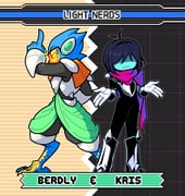 1boy 1other acenth alt_text armor berdly_(dark_world)_(deltarune) berdly_(deltarune) bird_boy black_hair blue_skin character_name colored_skin commentary deltarune english_commentary furry furry_male glint gloves greaves index_finger_raised kris_(dark_world)_(deltarune) kris_(deltarune) pink_scarf scarf scouter sonic_(series) sonic_advance_(series) sonic_advance_3 utdr_(toby_fox) rating:g score:12 post #9416499