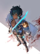 1boy :q blood blood_on_clothes blood_on_ground blue_hair closed_eyes closed_mouth commentary_request eyepatch from_above full_body genshin_impact hair_between_eyes highres holding holding_weapon invisible_floor kaeya_(genshin_impact) long_hair male_focus pectoral_cleavage pectorals solo tongue tongue_out weapon weapon_request zehuij rating:s score:1 post #10165277