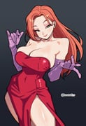 1girl absurdres bare_shoulders breasts cleavage cocktail_dress collarbone covered_navel cowboy_shot dress earrings elbow_gloves eyeshadow gloves green_eyes highres jessica_rabbit jewelry komatsuki_n large_breasts long_hair looking_at_viewer makeup orange_hair purple_gloves red_dress red_hair red_lips simple_background smile solo standing strapless strapless_dress thighs twitter_username who_framed_roger_rabbit rating:s score:19 post #10129461