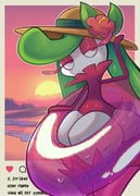 clothed_pokemon flower hat heart highres innertube looking_at_viewer pink_flower pokemon pokemon_(creature) social_network solo sunset swim_ring tsareena wolfang_fh rating:g score:3 post #10176093
