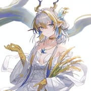 1girl ambience_synesthesia arknights bare_shoulders blonde_hair blue_eyes blue_hair chenmu_sora choker colored_extremities dragon_girl dragon_horns dress eastern_dragon_horns grey_hair highres horns jewelry long_hair looking_at_viewer multicolored_hair necklace off_shoulder official_alternate_costume pearl_necklace pointy_ears shu_(arknights) shu_(bingwenyuyou)_(arknights) solo white_dress yellow_choker yellow_hands rating:s score:9 post #10165808