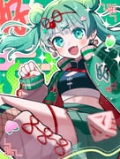 1girl :d absurdres alternate_costume aqua_eyes arm_up black_bustier bustier cherry_print chinese_commentary clenched_hand commentary dice double_bun earrings egasumi fang flower food_print fruit_print green_background green_jacket green_shorts grid_background hair_bun hair_ornament hair_ribbon hao_(vocaloid) hatsune_miku heart highres jacket jewelry leg_warmers long_sleeves looking_at_viewer midriff mishio_(misio_40) open_clothes open_jacket open_mouth polyhedral_dice red_nails red_ribbon revision ribbon shorts smile solo twintails vocaloid water_lily_flower white_leg_warmers white_ribbon x_hair_ornament rating:g score:1 post #10175302