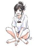 1girl alternate_hairstyle bare_legs barefoot black_hair blue_shorts blush casual commentary earrings feet final_fantasy final_fantasy_vii final_fantasy_vii_remake full_body gogochi55 happy high_up highres indian_style jewelry long_hair looking_at_viewer merchandise open_mouth red_eyes shirt shorts signature simple_background single_earring sitting smile solo square_enix swept_bangs teeth tifa_lockhart upper_teeth_only white_background white_shirt rating:s score:2 post #10175329