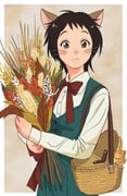 1girl animal_ears animal_hands basket black_hair bow bowtie brown_eyes cat_ears commentary_request dress frown furry furry_female green_dress highres holding holding_plant neko_no_ongaeshi plant red_bow red_bowtie rikaco1988 solo upper_body whiskers yoshioka_haru rating:g score:6 post #9293311