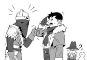 1girl 2boys armor ascot bad_id bad_pixiv_id bandana bounty_hunter_(darkest_dungeon) capotain coat commentary_request darkest_dungeon fur_trim gloves graverobber_(darkest_dungeon) greyscale helmet highres highwayman_(darkest_dungeon) long_hair monochrome multiple_boys overcoat scale_armor shaka_sign short_hair silhouette sweat varamill veil rating:s score:4 post #4960467