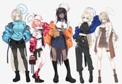 5girls absurdres ahoge akane_(blue_archive) asuna_(blue_archive) bag bare_shoulders black_boots black_hair black_halo black_pants black_shirt black_shoes black_shorts blonde_hair blue_archive blue_eyes blue_halo blue_jacket blue_skirt boots breasts brown_dress brown_eyes brown_hair brown_halo brown_shoes brown_socks chicken_(food) cleaning_&_clearing_(blue_archive) crop_top dark-skinned_female dark_skin dress food fried_chicken grin hair_between_eyes hair_over_one_eye hair_ribbon halo handbag highres holding holding_food huge_ahoge jacket karin_(blue_archive) large_breasts long_hair looking_at_viewer medium_breasts midriff multicolored_halo multiple_girls navel neru_(blue_archive) not_forever2w orange_jacket pants pantyhose purple_halo red_eyes red_hair red_jacket red_socks ribbon shirt shoes short_hair shorts skirt small_breasts smile socks thigh_strap thighs toki_(blue_archive) track_jacket two-tone_halo v very_long_hair white_background white_dress white_jacket white_shirt yellow_eyes yellow_halo rating:s score:25 post #10160582