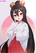1girl absurdres alternate_costume alternate_hair_color alternate_hair_length alternate_hairstyle artist_name bell black_hair chenki_(chenki) commentary english_commentary hair_bell hair_between_eyes hair_ornament hakama hakama_skirt highres japanese_clothes jingle_bell long_hair long_sleeves looking_at_viewer miko open_mouth outline phase_connect red_eyes red_hakama shirt skirt solo tenma_maemi thick_eyebrows twitter_username very_long_hair white_outline white_shirt rating:g score:2 post #10173896
