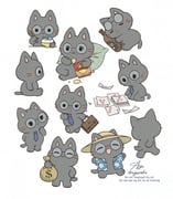 1boy ayu_(mog) beer_bottle black_cat cat chips_(food) chopsticks closed_eyes dollar_sign eating fish food glasses green_pillow happy hawaiian_shirt highres necktie open_mouth original paper rice sad shirt signature sitting sleeping standing sweat walking whiskers white_background rating:g score:0 post #10173323