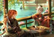 2girls absurdres alternate_costume bamboo_screen black_hanfu bottle chinese_clothes crossed_arms cup day dim_sum flower grey_eyes grey_hair guan_hat hair_bun hanfu highres holding holding_cup hugging_object jian_(weapon) lily_pad looking_at_another mian_guan multiple_girls orange_hair pink_flower plate profile railing red_hanfu reverse:1999 rock short_hair single_side_bun sitting sonetto_(reverse:1999) table vertin_(reverse:1999) water willow yuha6666 rating:g score:3 post #9832835