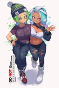 2girls asymmetrical_docking bandeau beanie black_hat black_leggings black_pants black_shoes black_shrug blue_hair blue_tongue bow bow_hairband bracelet breast_press breasts cleavage closed_mouth colored_tongue commentary dark-skinned_female dark_skin drill_hair eyebrow_cut fang full_body gradient_hair green_eyes green_hair hair_bow hairband hand_on_another's_hip hand_on_another's_shoulder hand_on_own_hip hat high_tops highres hood hood_down hooded_shrug huge_breasts jewelry jinkoika large_breasts leggings long_sleeves looking_at_viewer medium_hair midriff multicolored_hair multicolored_shoes multiple_girls navel octoling octoling_girl octoling_player_character open_mouth pants parted_bangs pom_pom_(clothes) pom_pom_beanie purple_eyes purple_hair purple_shirt red_shoes shirt shoes short_sleeves shrug_(clothing) smile sneakers splatoon_(series) standing t-shirt tentacle_hair torn_clothes torn_leggings two-tone_hair white_bandeau white_bow white_hairband white_shoes rating:s score:5 post #10174044